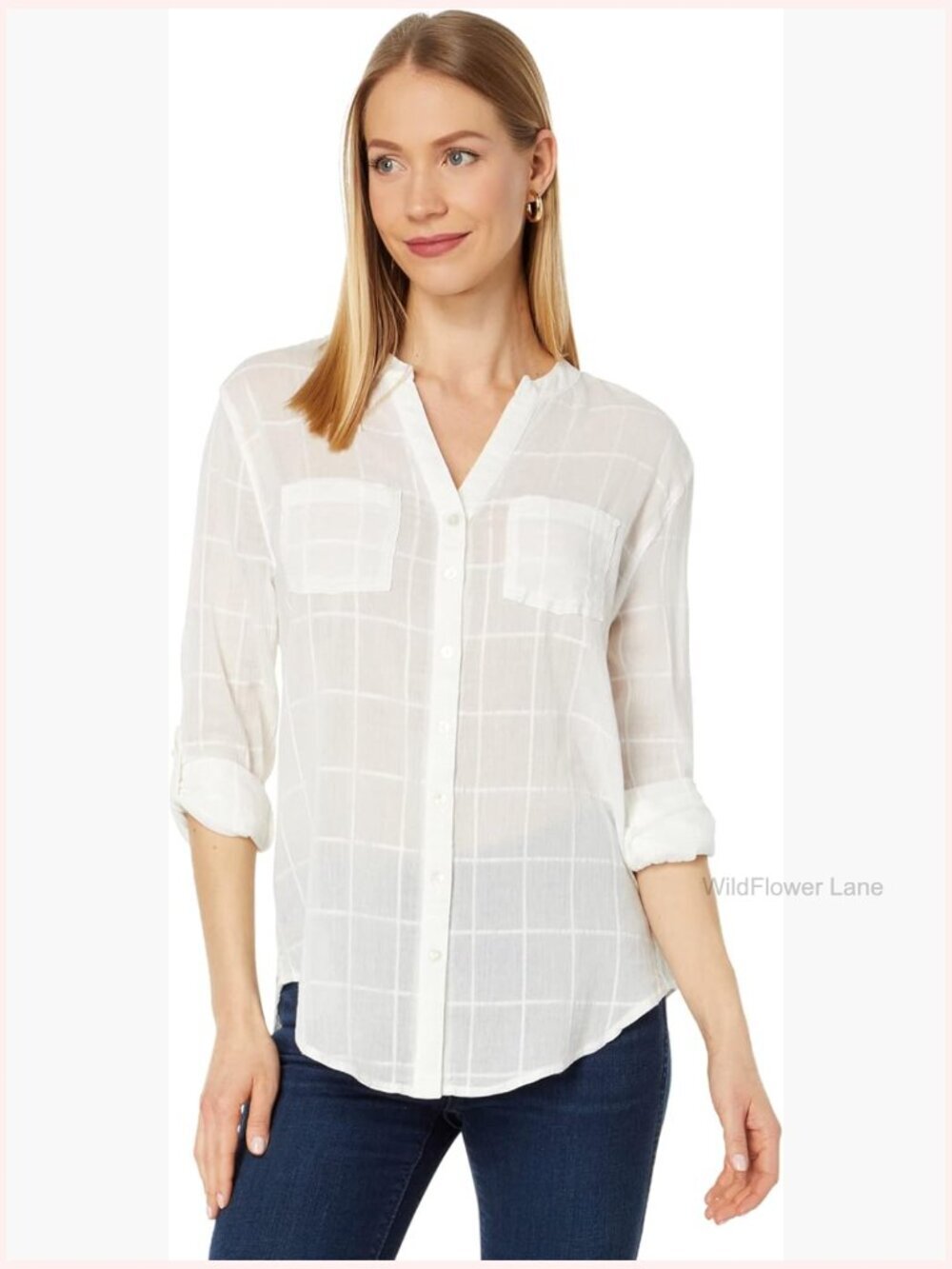 Button Front Textured Gauze Tunic Long Sleeve Blouse
